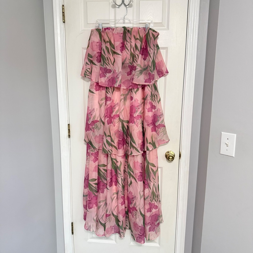 Petal + Pup Bloom Strapless Maxi Dress Pink Floral Tiered Ruffle XL Fairycore